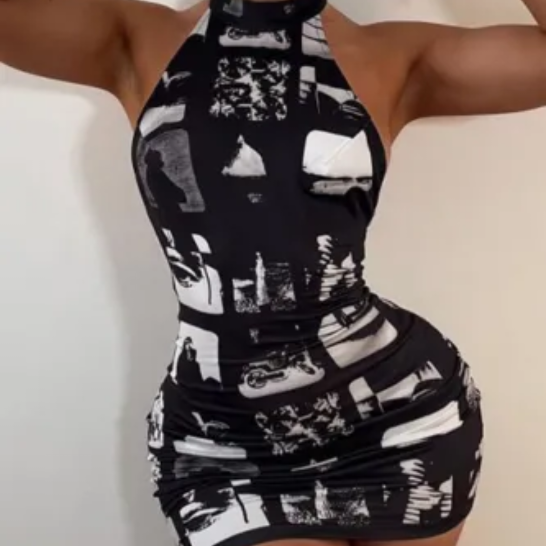 Black Sexy Print Backless Halter Sleeveless Dress Dresses