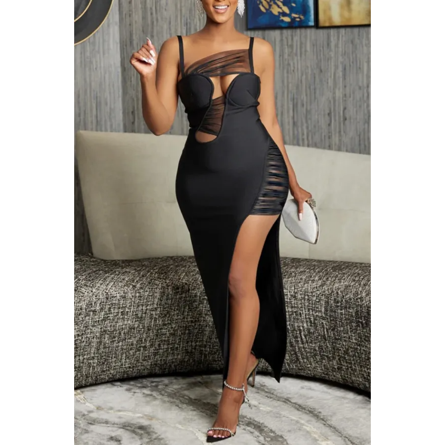 Black Sexy Solid Hollowed Out Backless Slit Spaghetti Strap Long Dress Dresses