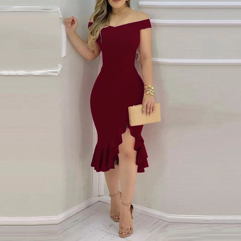 Women Fashion Elegant Sexy Plain Off Shoulder Ruffle Hem Slit Dress Solid Red Bl