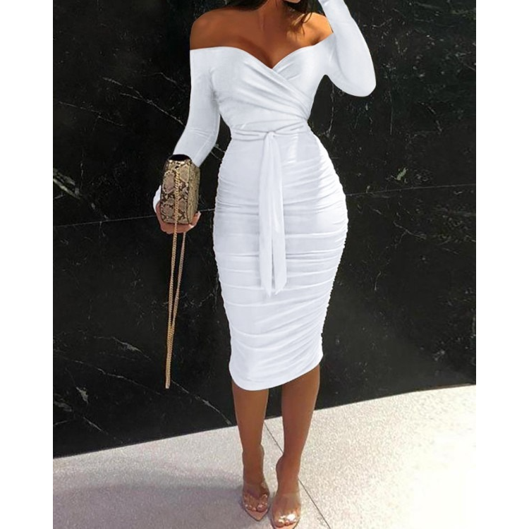 Off Shoulder Tied Detail Ruched Bodycon Dress