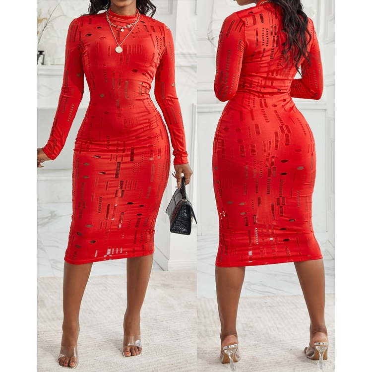 Long Sleeve Hollow Out Ruched Bodycon Dress