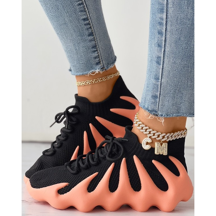 Contrast Paneled Lace-up Knit Octopus Sneakers