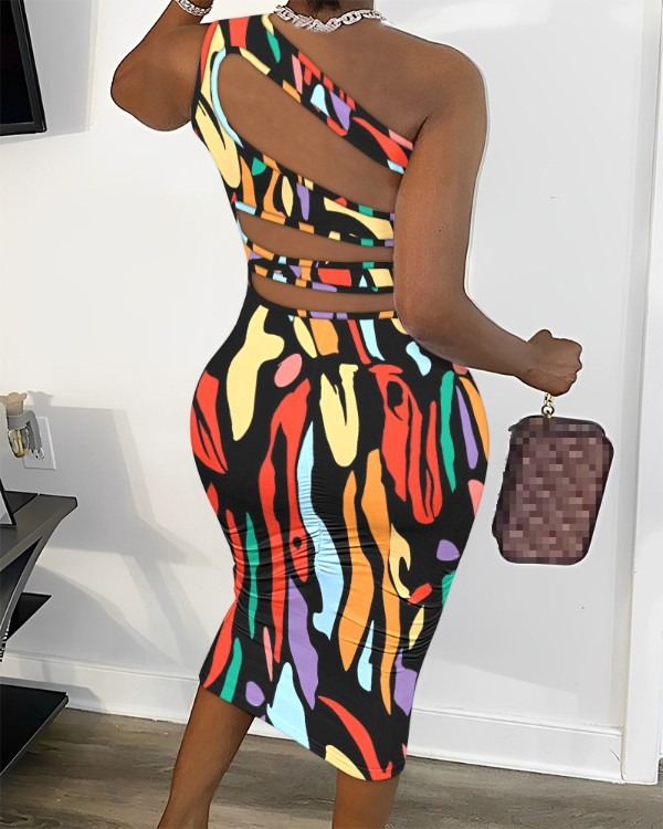 Multicolor Abstract Print Cutout One Shoulder Bodycon Dress