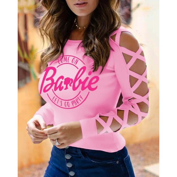 Come On Barbie Let's Go Party Print Criss Cross Long Sleeve Top