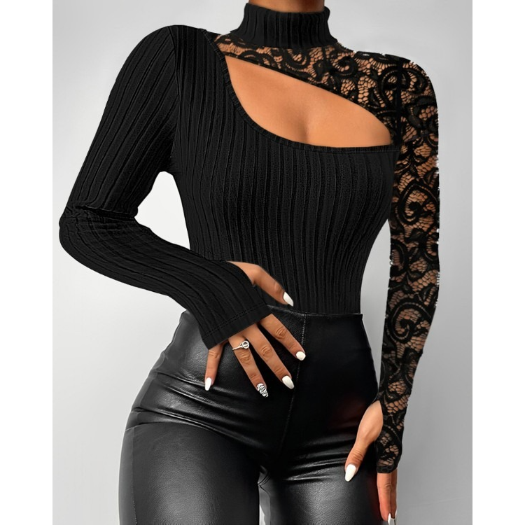 Cutout Lace Patch Mock Neck Ribbed Top