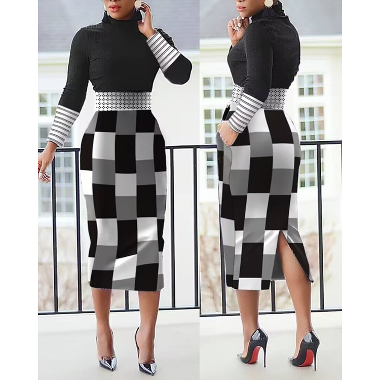 Striped Geometric Print Long Sleeve Slit Dress