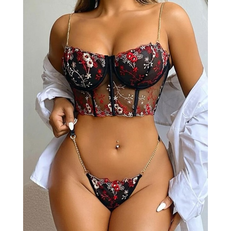 Floral Embroidery Sheer Mesh Chain Strap Lingerie Set