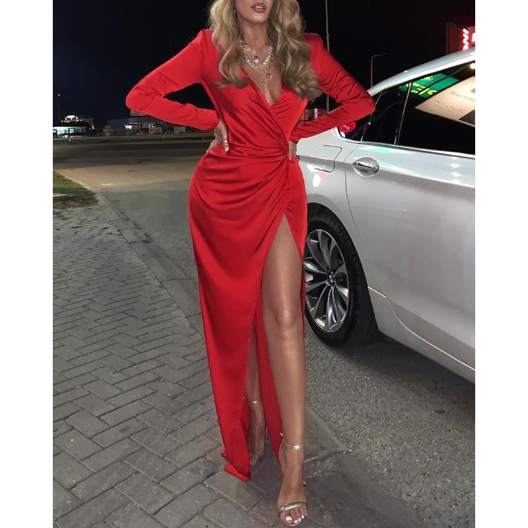 Solid Long Sleeve High Slit Ruched Dress
