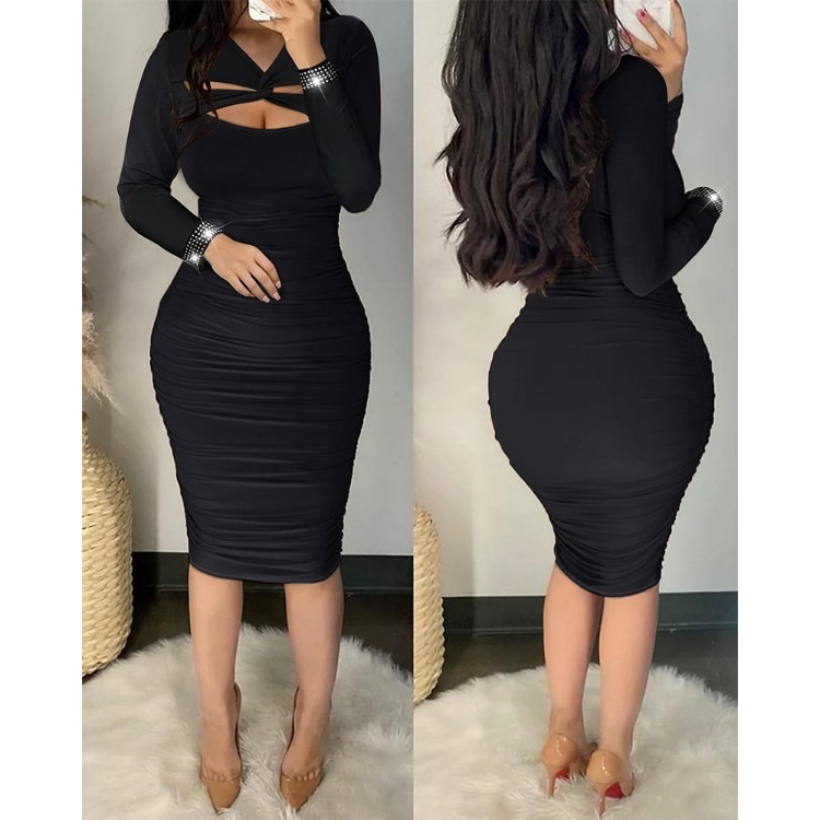 Twist Cutout Long Sleeve Ruched Bodycon Dress