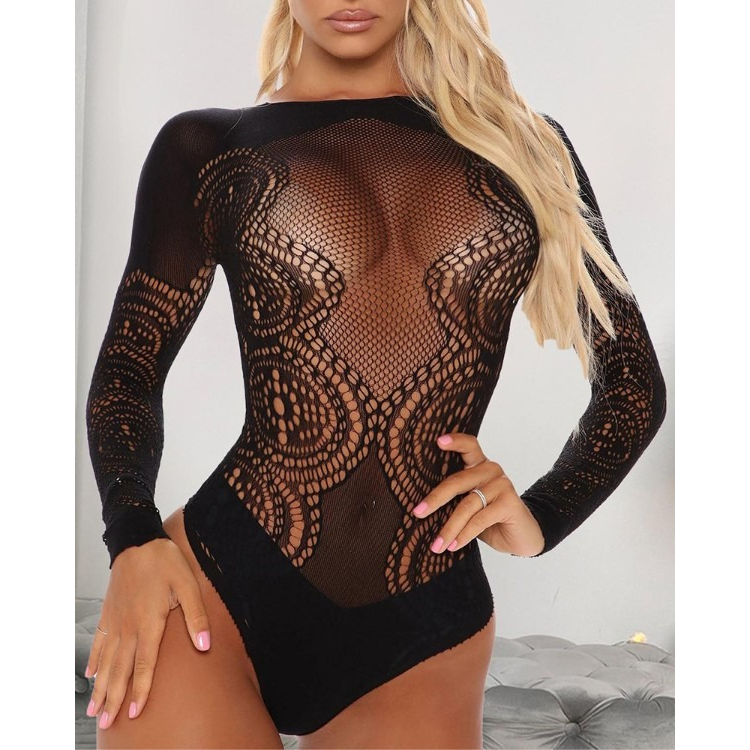 Sheer Mesh Hollow Out Bodystocking Teddy