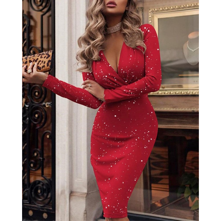 Glitter Ruched Long Sleeve Party Dress
