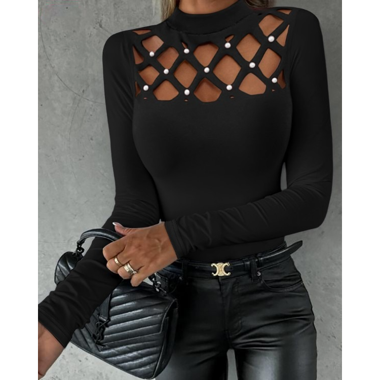Hollow-out Beaded Long Sleeve Top