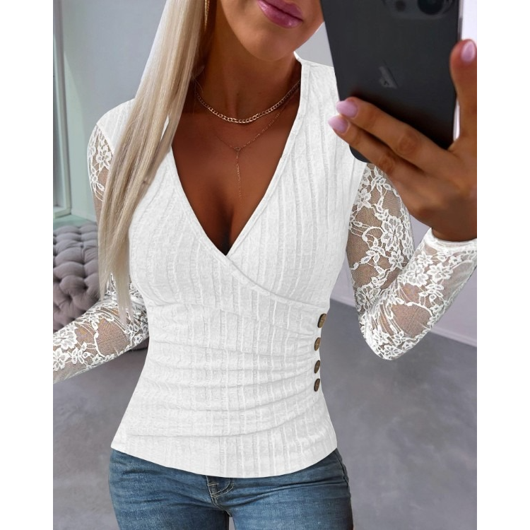 Lace Patch Deep V-Neck Ruched Top