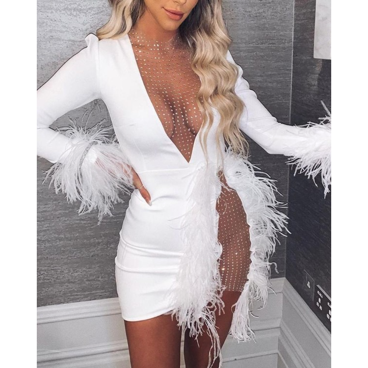 Rhinestone Patch Sheer Mesh Feather Trim Party Dress