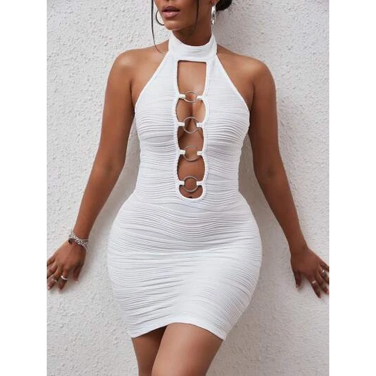 SXY Ring Linked Cut Out Front Backless Halter Neck Bodycon Dress