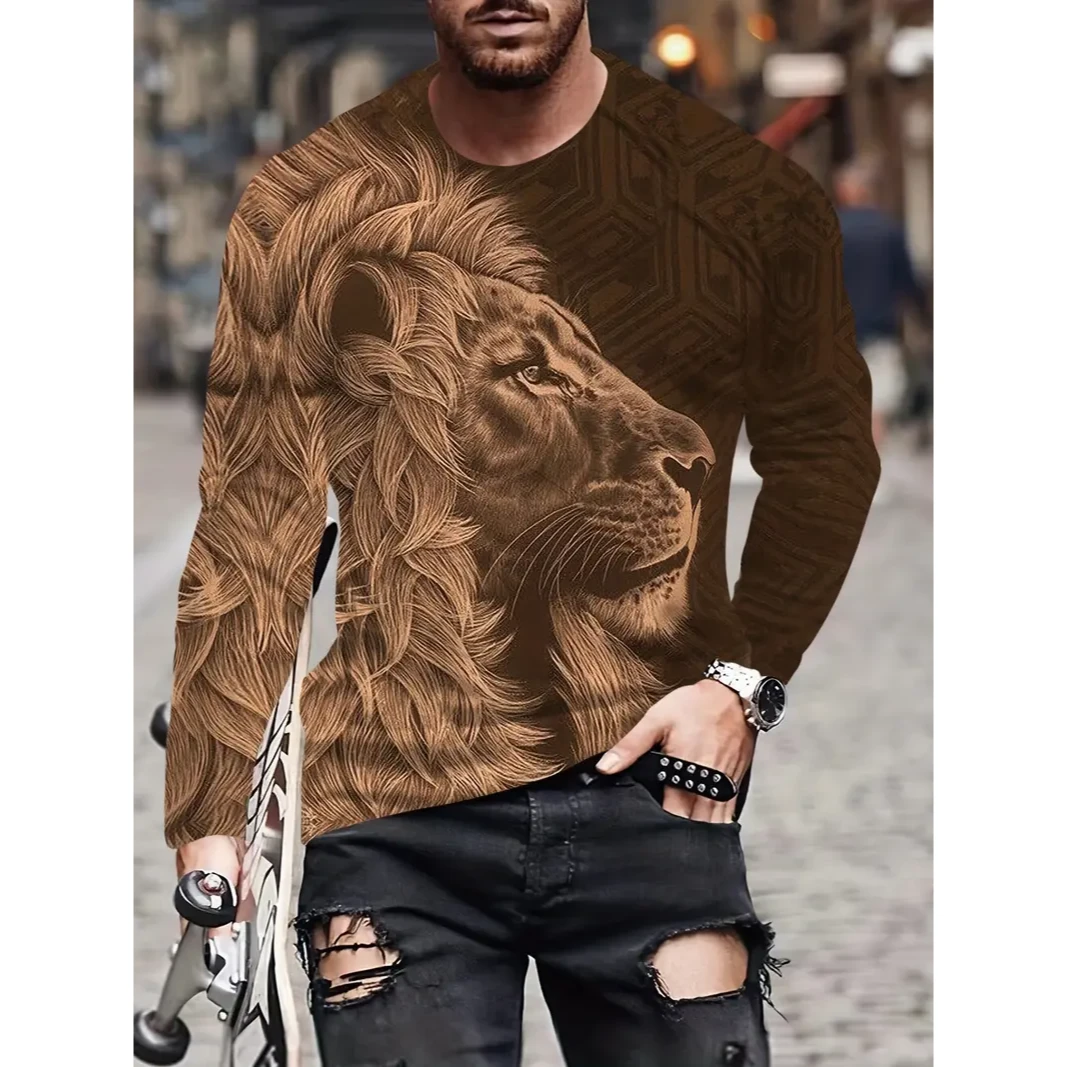 Retro Style Lion Head 3D Graphic Print Men's Long Sleeve T-shirt, Spring Fall