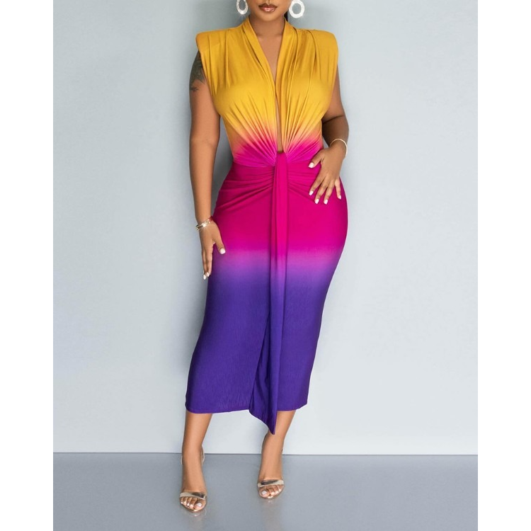 Ombre Colorblock Ruched Midi Dress