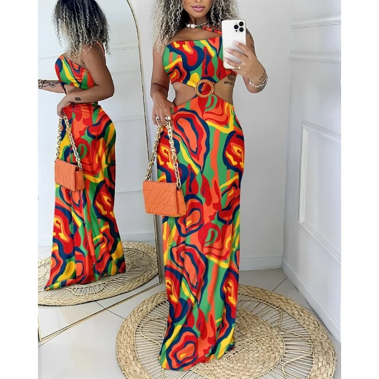 Multi-color Abstract Print Hollow Out Maxi Dress