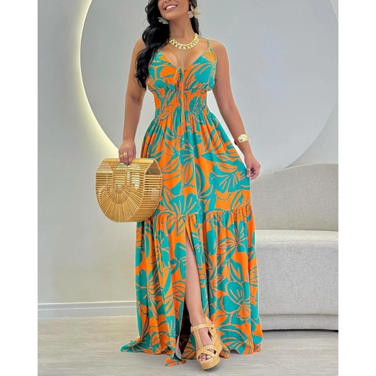 Tropical Print Tied Detail Shirred Slit Maxi Dress